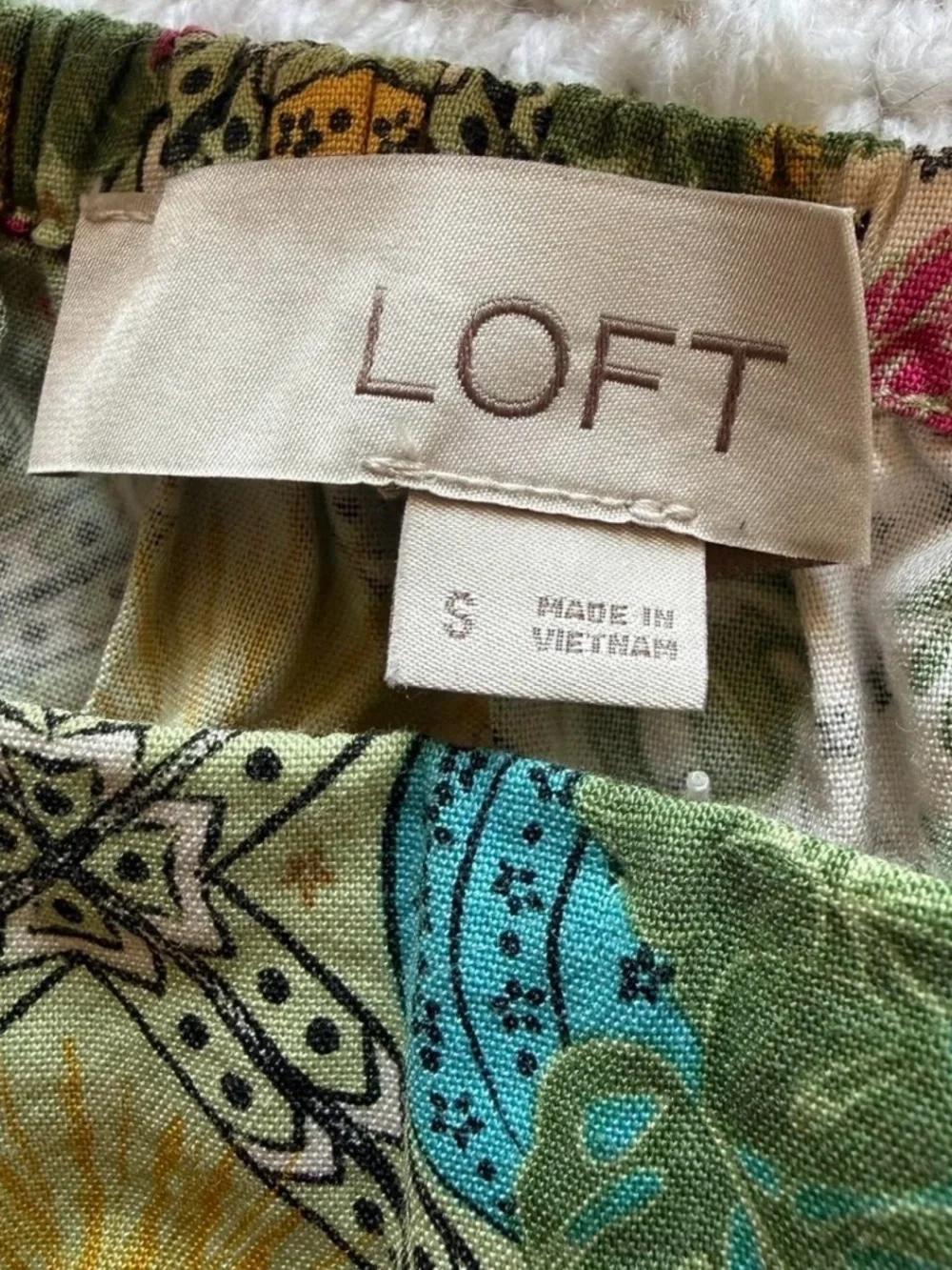 LOFT Tropical Patchwork Blouse Palm Tree Square Neck Puff Sleeve Size Small